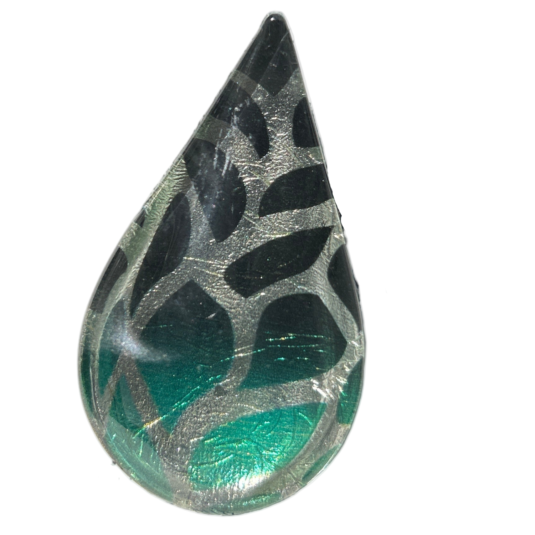 Teardrop-shaped pendant with black and green design on a white background