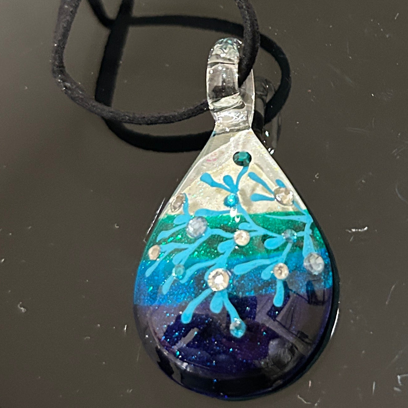 Ocean Scene Dichroic Glass Teardrop Pendant - Handcrafted 1.75 Inch Blue Gradient Design | Mars Glass Artisan Collection