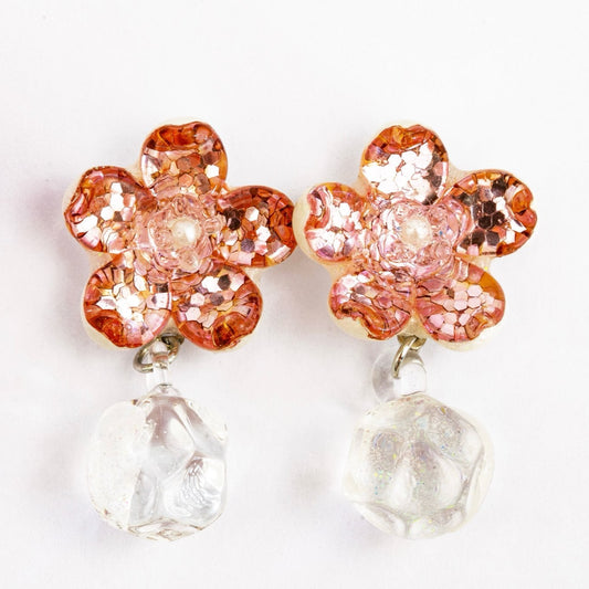 Rose Crystal Dichroic Glass Dual Element Earrings - Handcrafted 2 Inch Matching Design | Mars Glass Artisan Collection