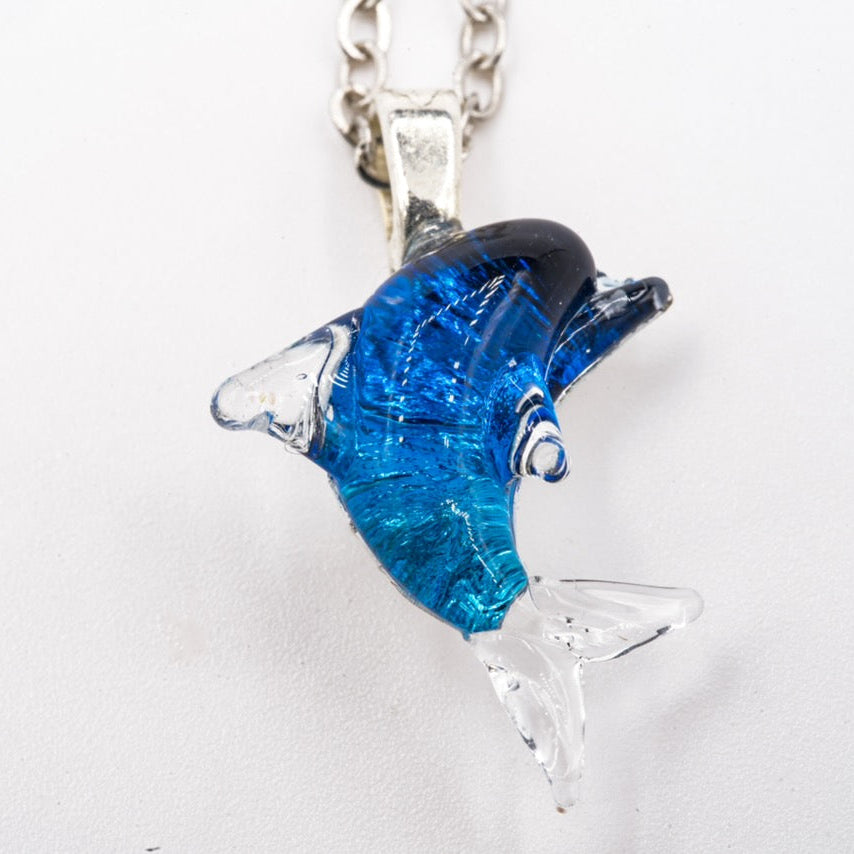 Handmade dichroic glass dolphin pendant 1.25 inches with color-shifting blue effects on 21 inch sterling silver chain