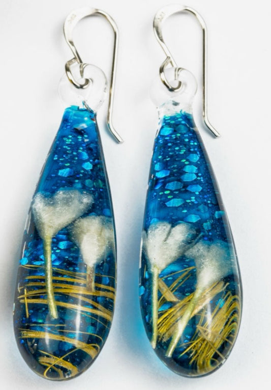 Blue Gold Dichroic Glass Teardrop Earrings - Handcrafted 1.5 Inch Ocean Design | Mars Glass Artisan Collection