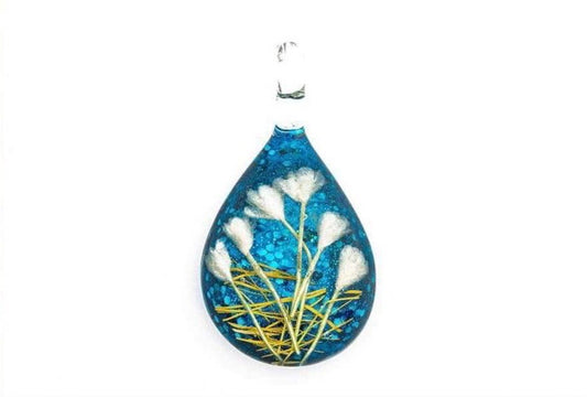 Nature Scene Dichroic Glass Teardrop Pendant - Handcrafted 1.5 Inch Golden Grass Design | Mars Glass Artisan Collection