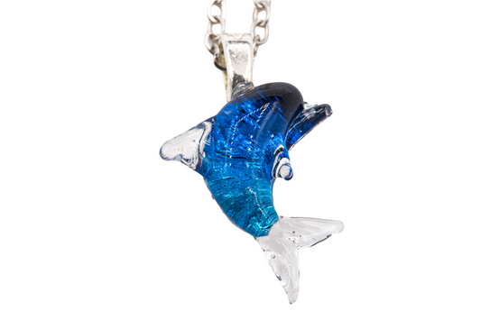 Blue Dichroic Glass Dolphin Pendant - Handcrafted 1.25 Inch Ocean Wildlife Design | Mars Glass Artisan Collection