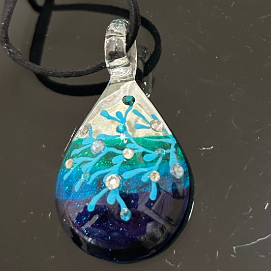 Handcrafted Ocean Scene Dichroic Glass Teardrop Pendant 1.75 Inch Underwater Design Mars Glass Artisan Collection Premium Blue Gradient Jewelry