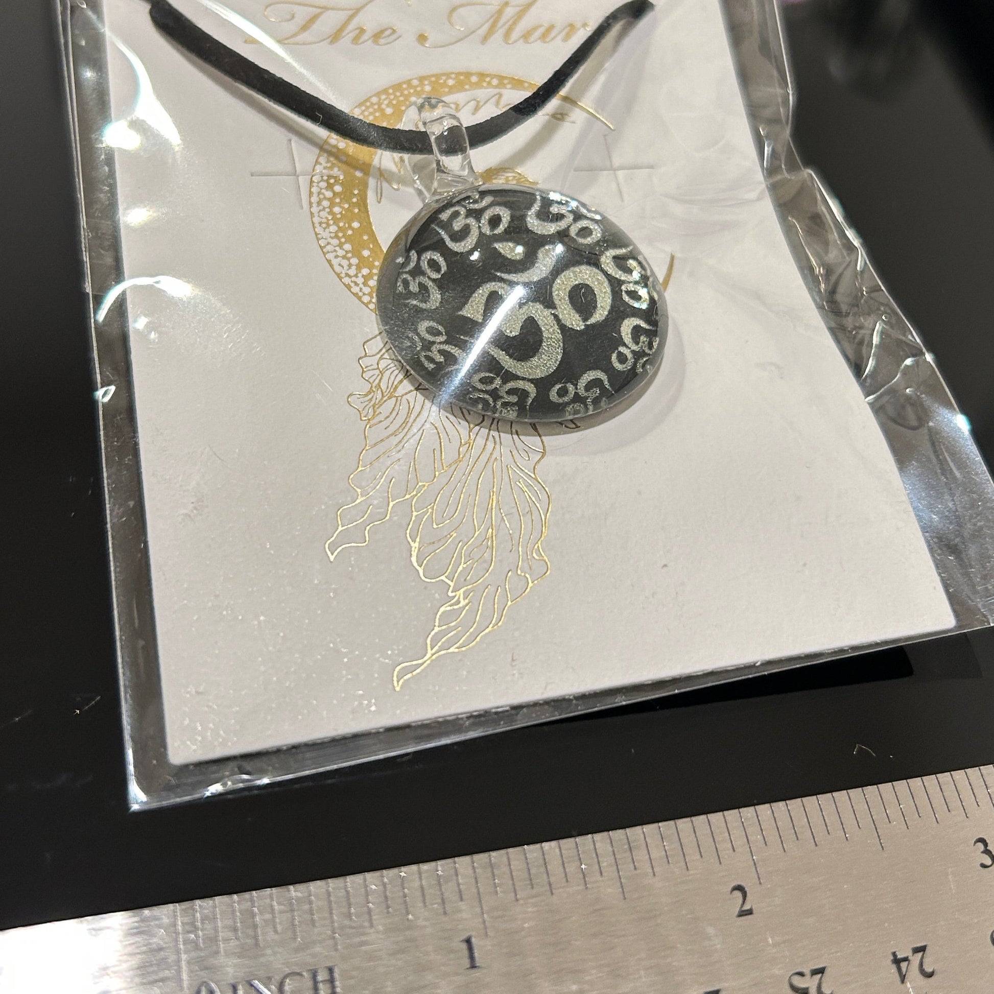 Sacred Om Symbol Glass Pendant 1 Inch Handcrafted Mars Glass Artisan Collection Spiritual Meditation Jewelry Black Silver