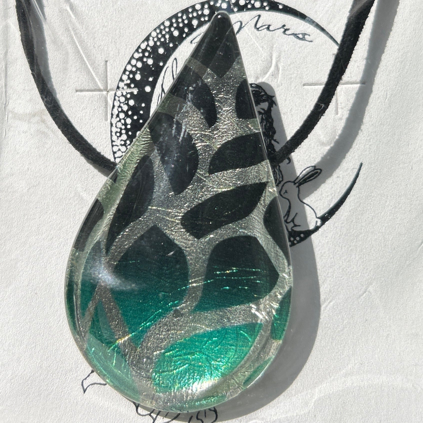 Color-shifting iridescent glass teardrop pendant emerald green unique handcrafted artisan jewelry