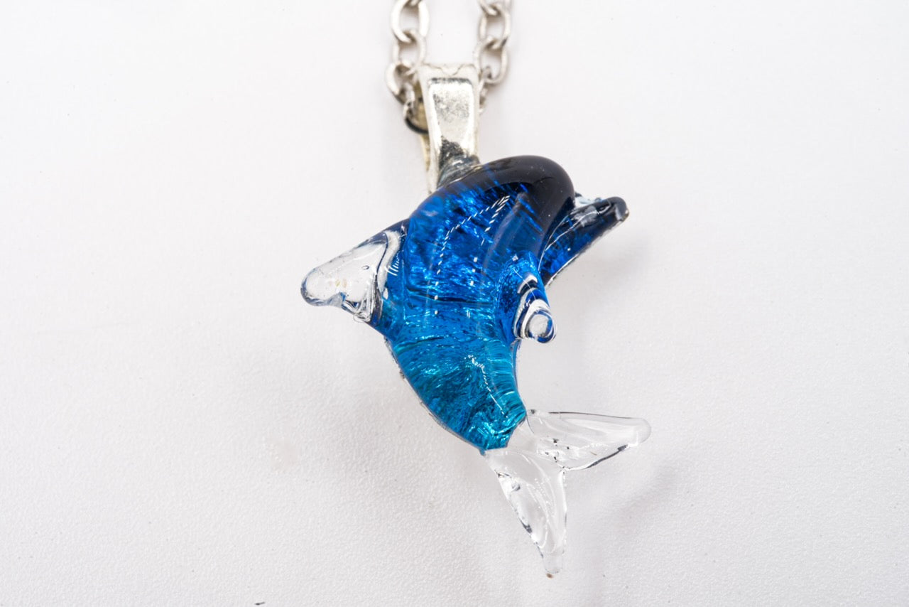 Blue Dichroic Glass Dolphin Pendant - Handcrafted 1.25 Inch Ocean Wildlife Design | Mars Glass Artisan Collection