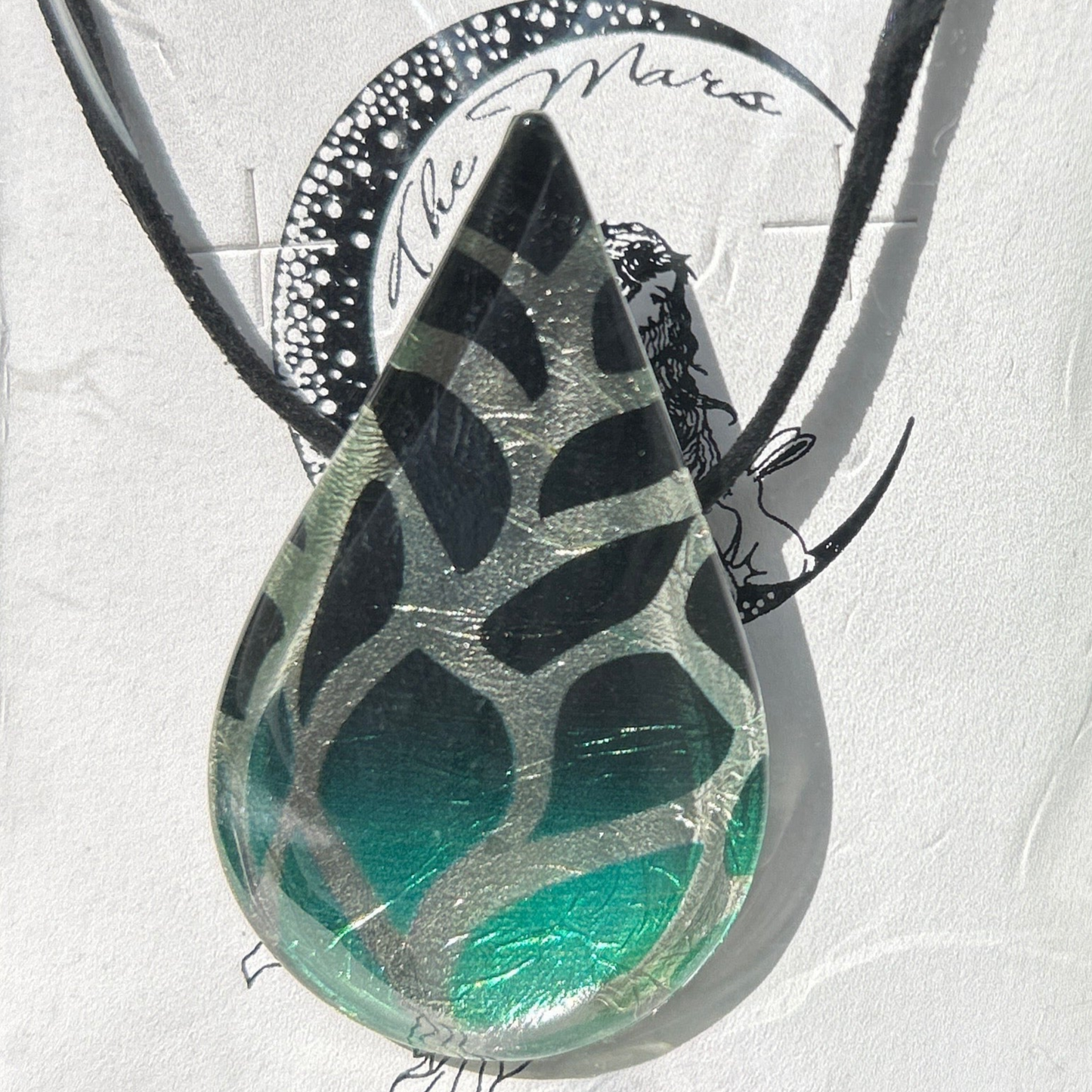 Dichroic glass pendant teardrop shape emerald green teal silver black organic pattern handmade Thailand