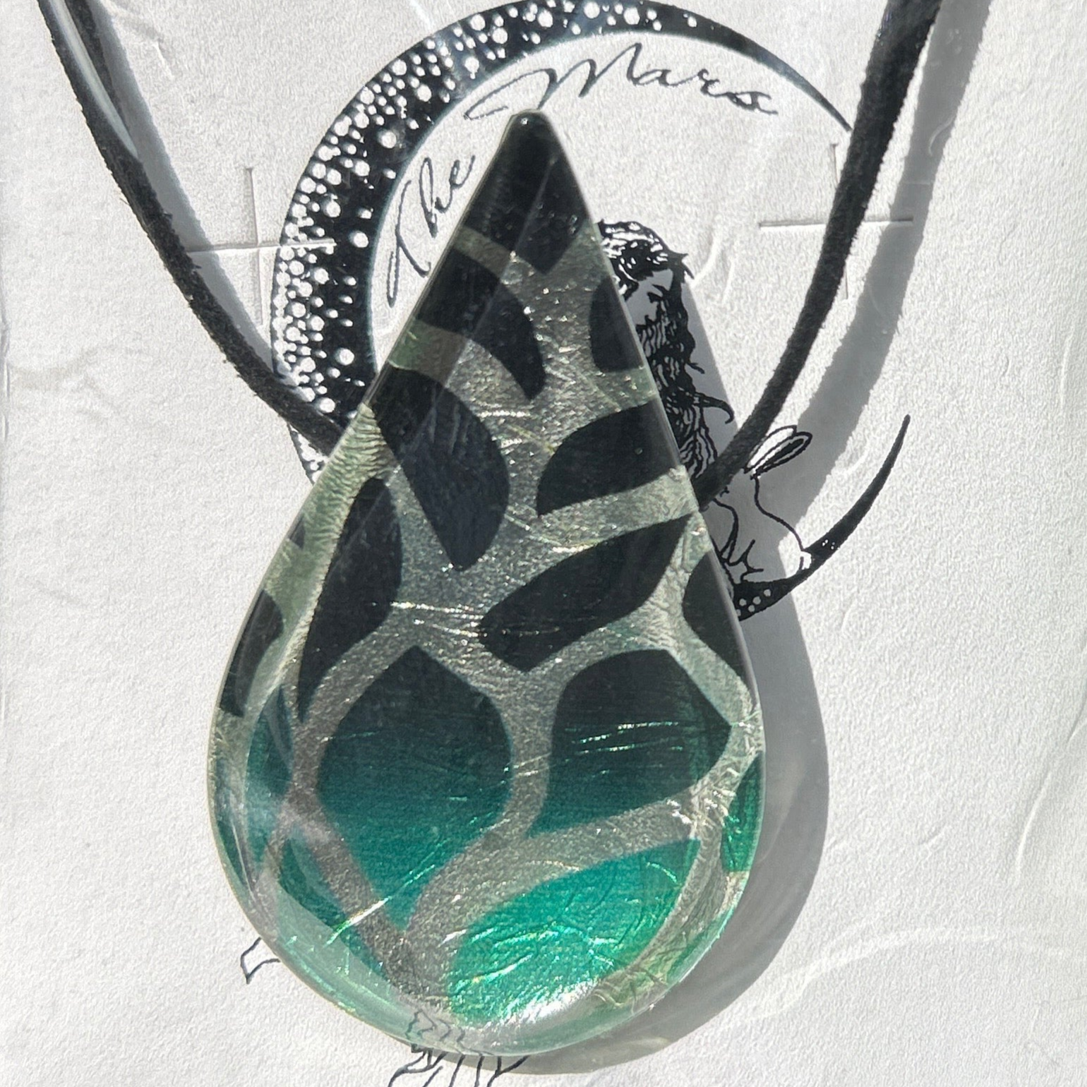Dichroic glass pendant teardrop shape emerald green teal silver black organic pattern handmade Thailand