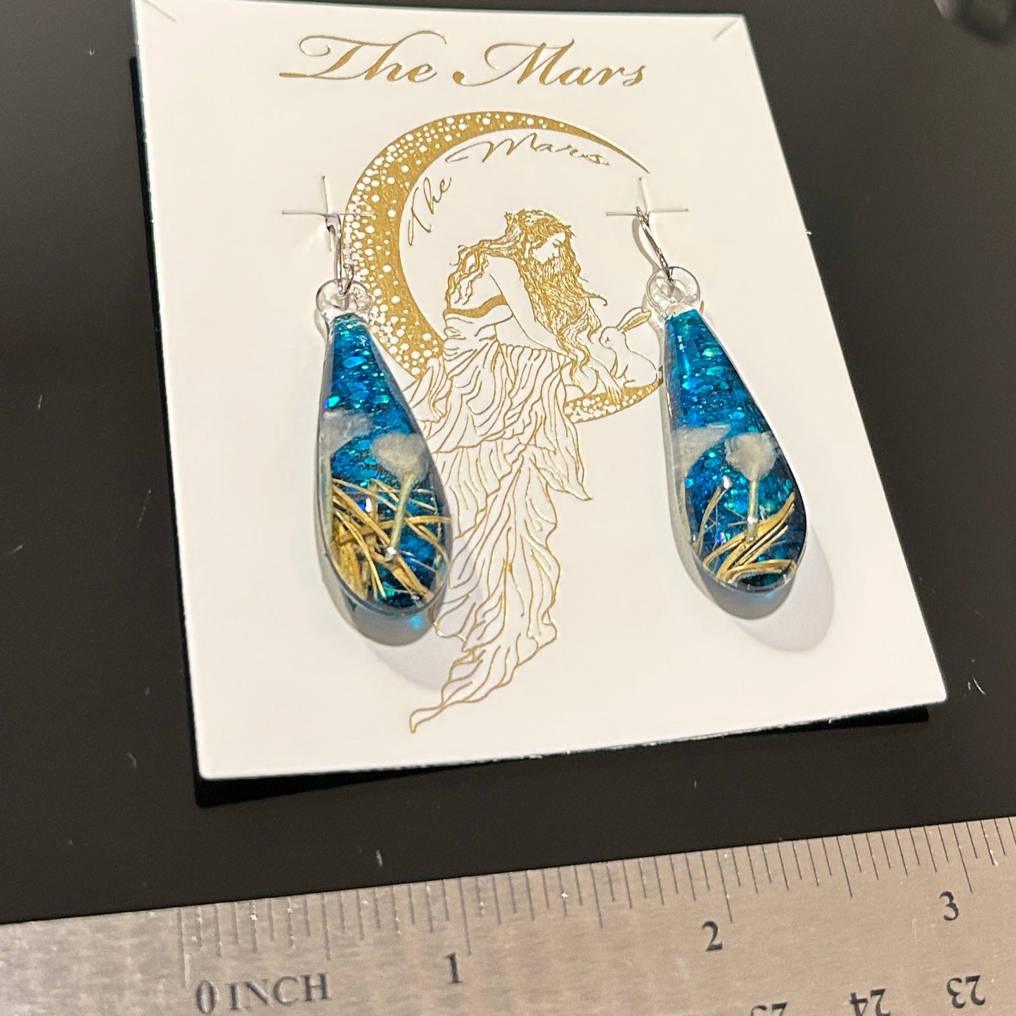 Blue Gold Dichroic Glass Teardrop Earrings - Handcrafted 1.5 Inch Ocean Design | Mars Glass Artisan Collection