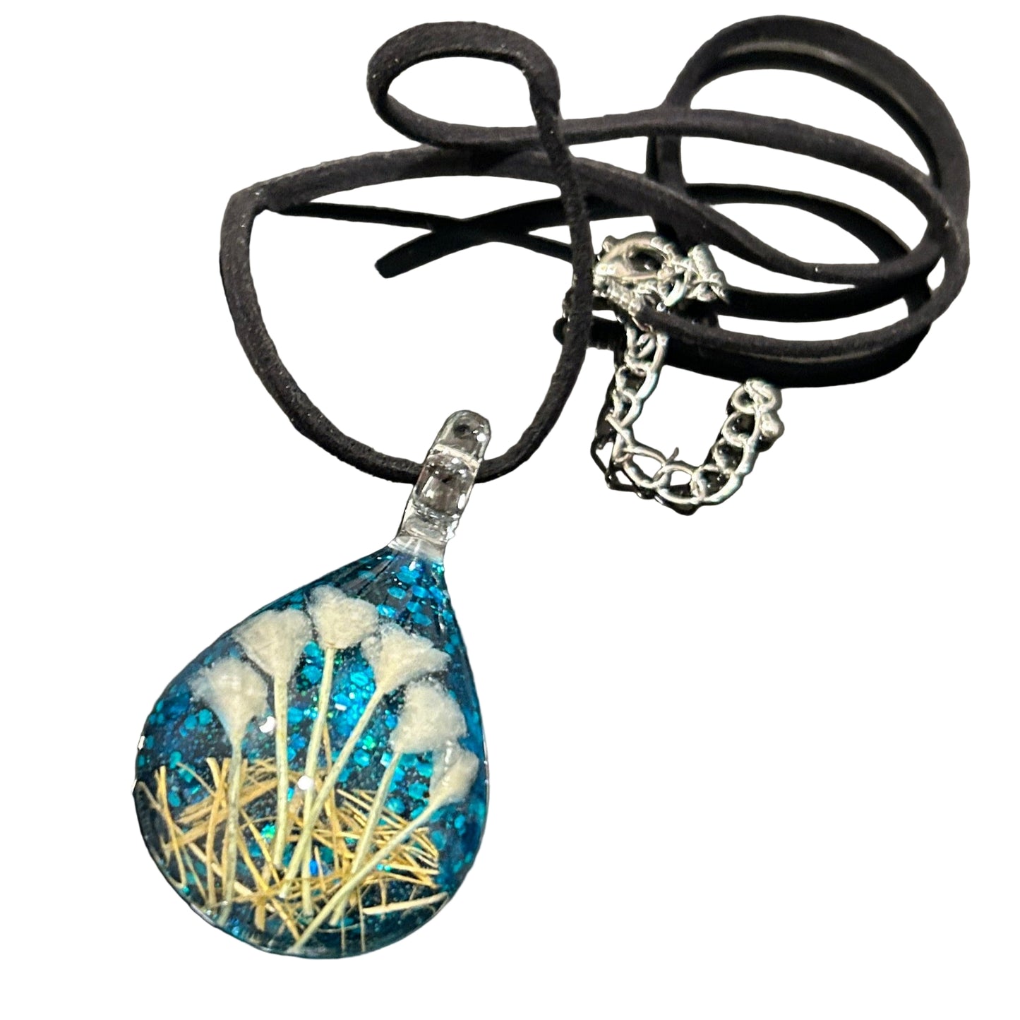Handmade botanical dichroic glass teardrop pendant 2 inches with real dried grass straws suspended inside blue glass on 21 inch cloth chain