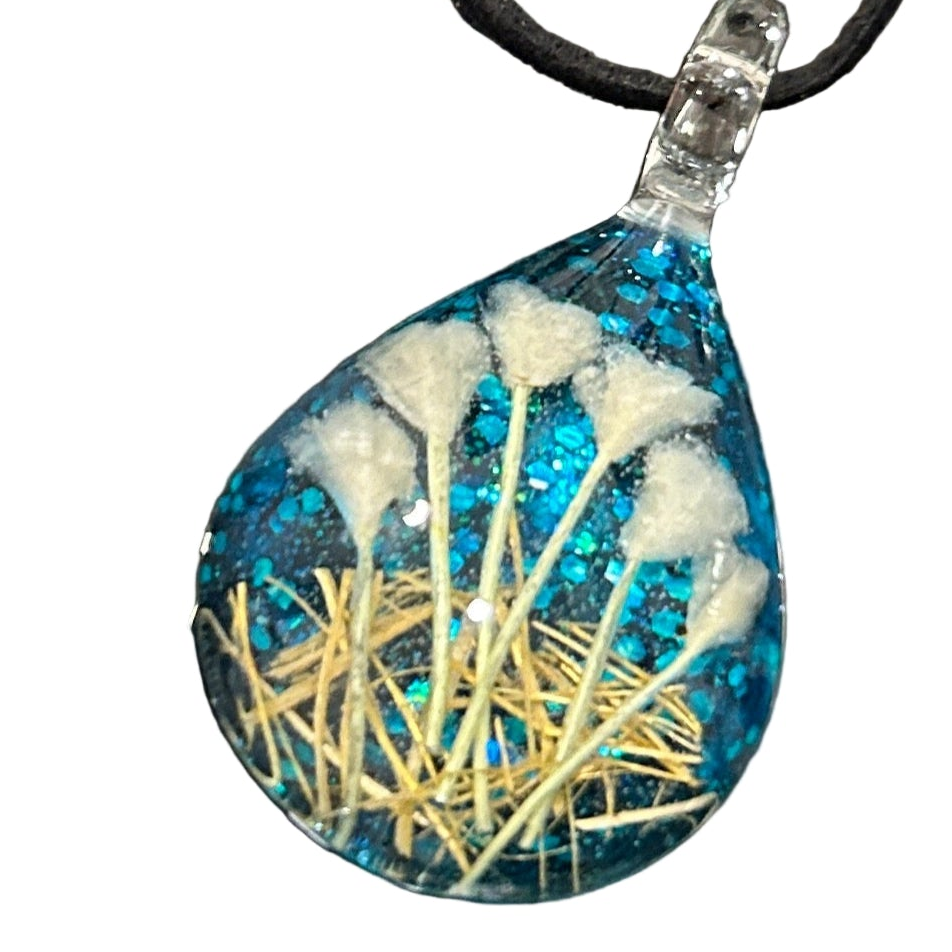 Handmade Botanical Dichroic Glass Teardrop Pendant 2" Real Grass