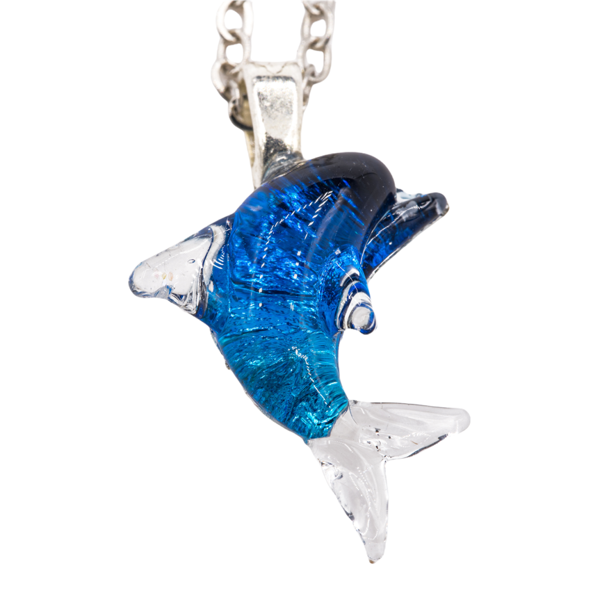 Handmade dichroic glass dolphin pendant 1.25 inches with color-shifting blue effects on 21 inch sterling silver chain