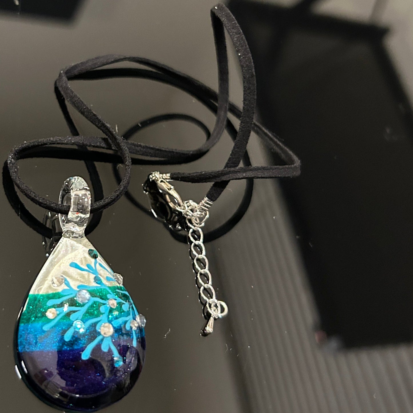 Handmade dichroic glass ocean coral pendant teal blue purple gradient hand-painted turquoise coral rhinestone crystals suede cord artisan Thailand
