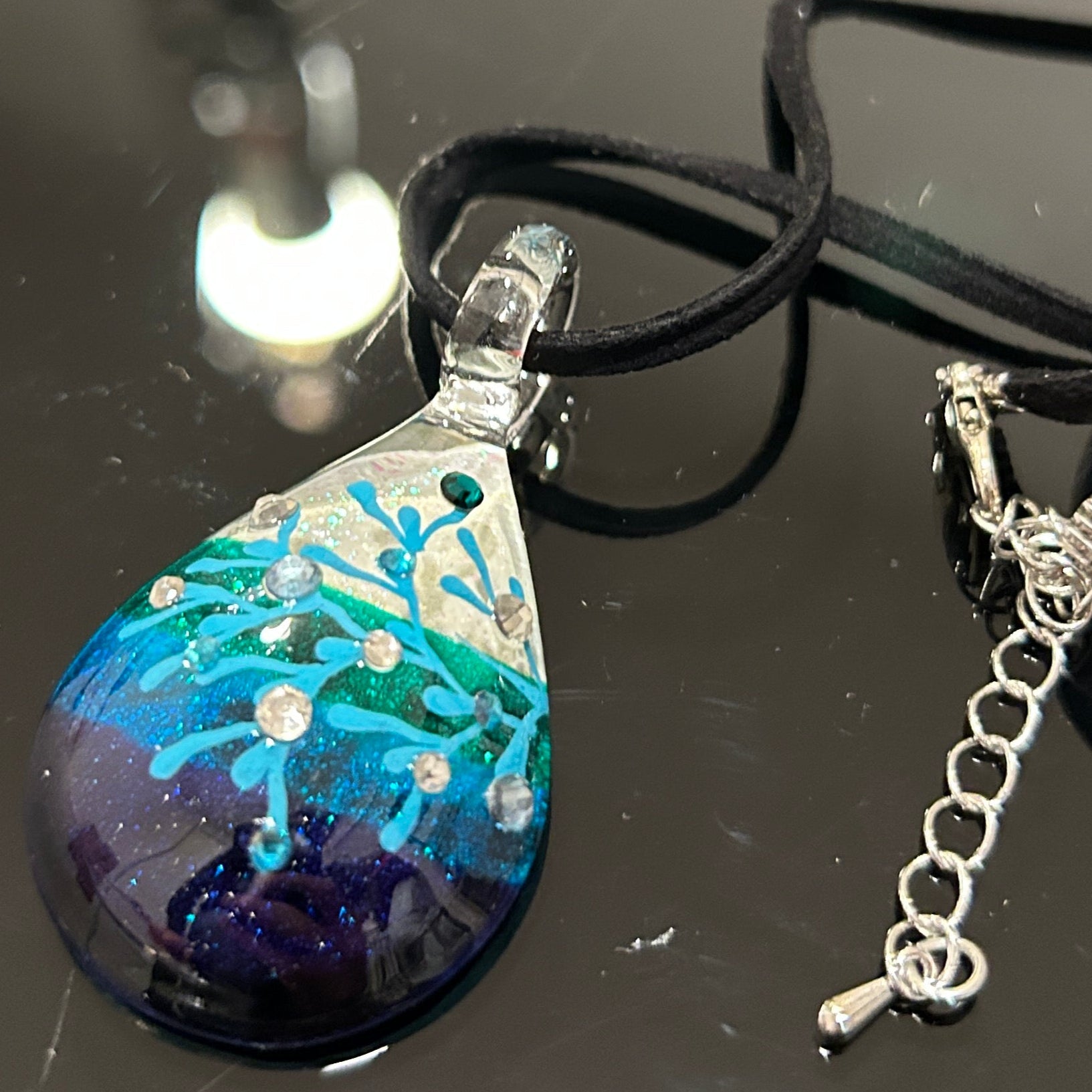 Handmade dichroic glass ocean coral pendant teal blue purple gradient hand-painted turquoise coral rhinestone crystals suede cord artisan Thailand