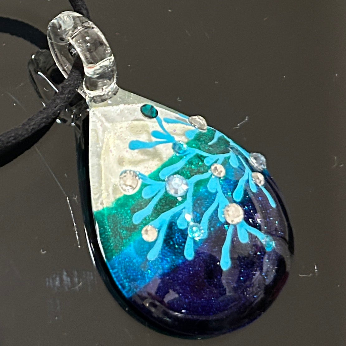 Handmade dichroic glass ocean coral pendant teal blue purple gradient hand-painted turquoise coral rhinestone crystals suede cord artisan Thailand