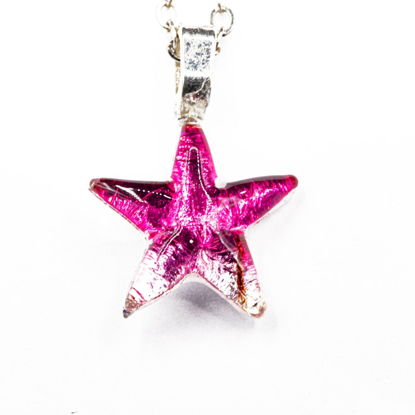 Handmade dichroic glass starfish pendant 1 inch with color-shifting pink effects on 21 inch sterling silver chain