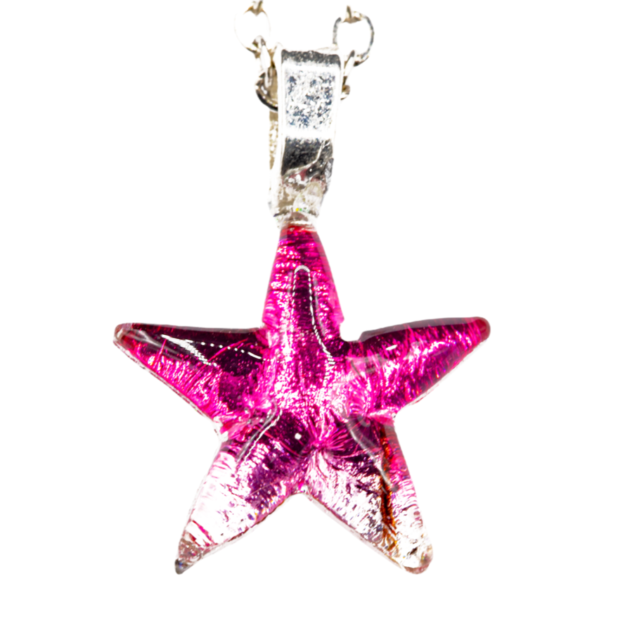 Handmade dichroic glass starfish pendant 1 inch with color-shifting pink effects on 21 inch sterling silver chain