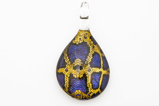 Handmade tree of life dichroic glass pendant blue and gold geometric pattern teardrop shape with integrated glass bail loop black cloth cord necklace artisan