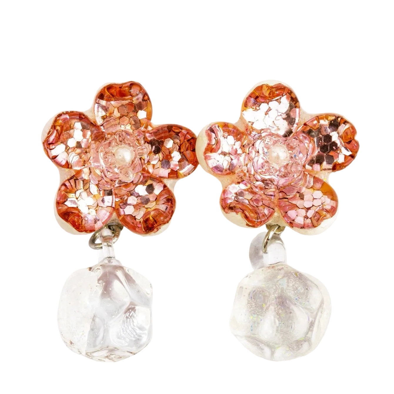 Pair of handmade pink dichroic glass flower stud earrings with pearl centers and dangling crystal balls sterling silver posts butterfly backs artisan jewelry