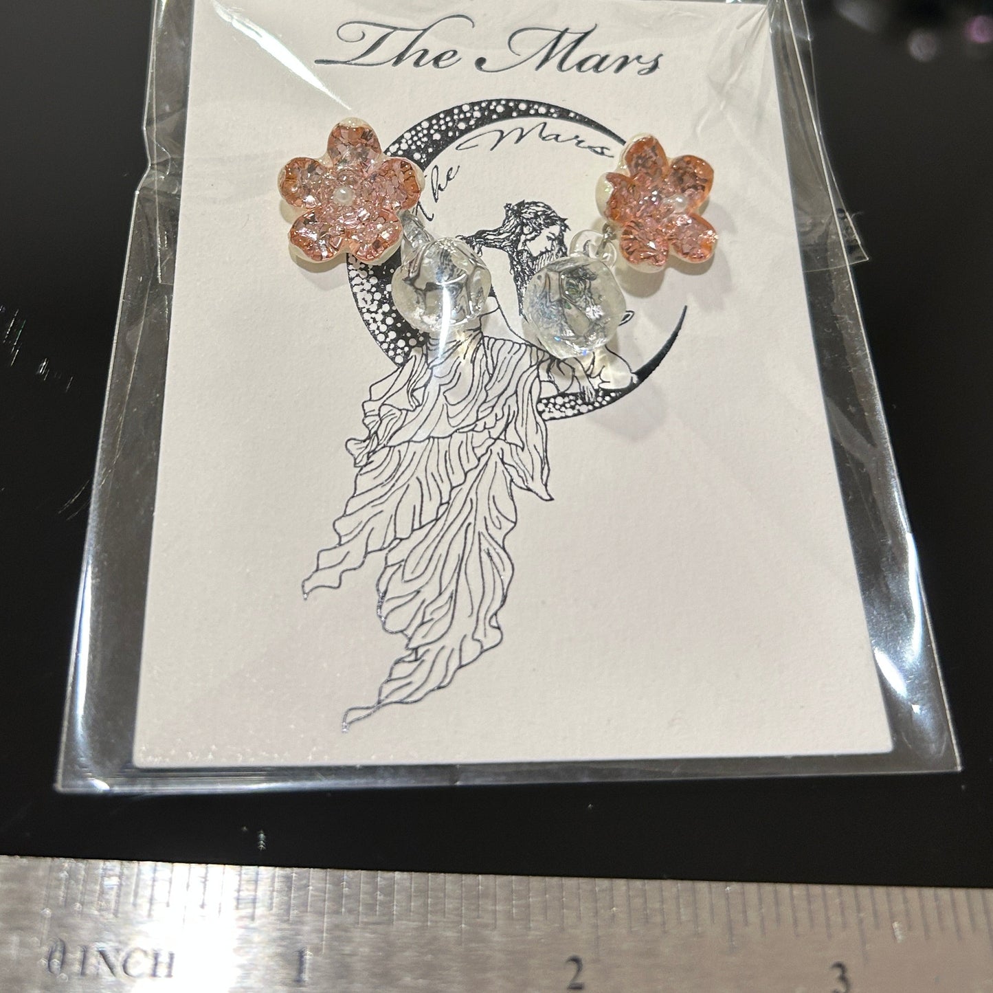 Pair of handmade pink dichroic glass flower stud earrings with pearl centers and dangling crystal balls sterling silver posts butterfly backs artisan jewelry
