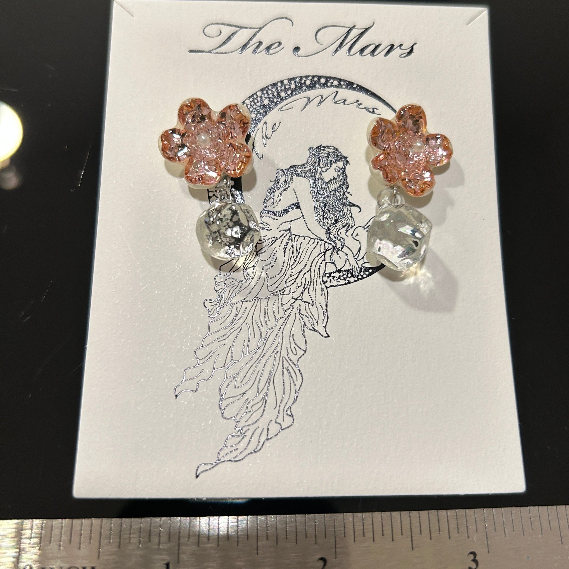 Pair of handmade pink dichroic glass flower stud earrings with pearl centers and dangling crystal balls sterling silver posts butterfly backs artisan jewelry