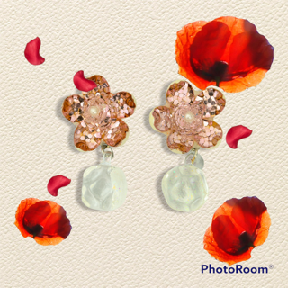 Pair of handmade pink dichroic glass flower stud earrings with pearl centers and dangling crystal balls sterling silver posts butterfly backs artisan jewelry