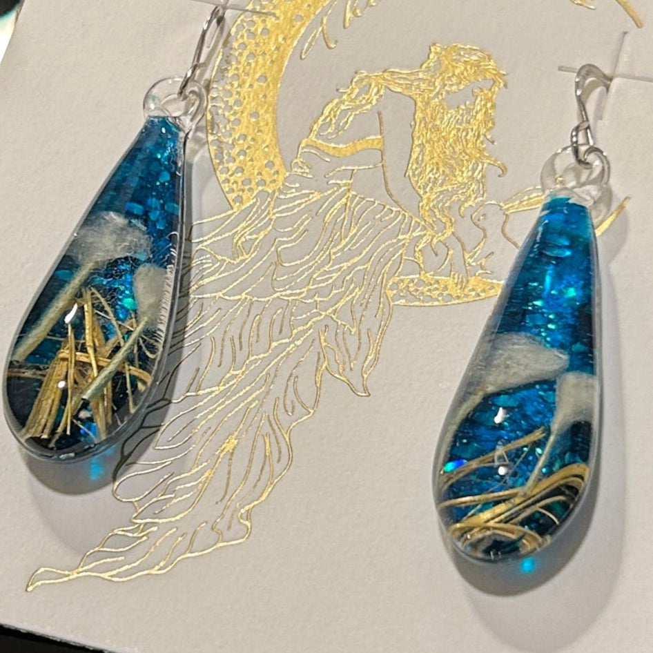 Blue Gold Dichroic Glass Teardrop Earrings 1.5 Inch Handcrafted Mars Glass Artisan Collection Premium Ocean Jewelry"