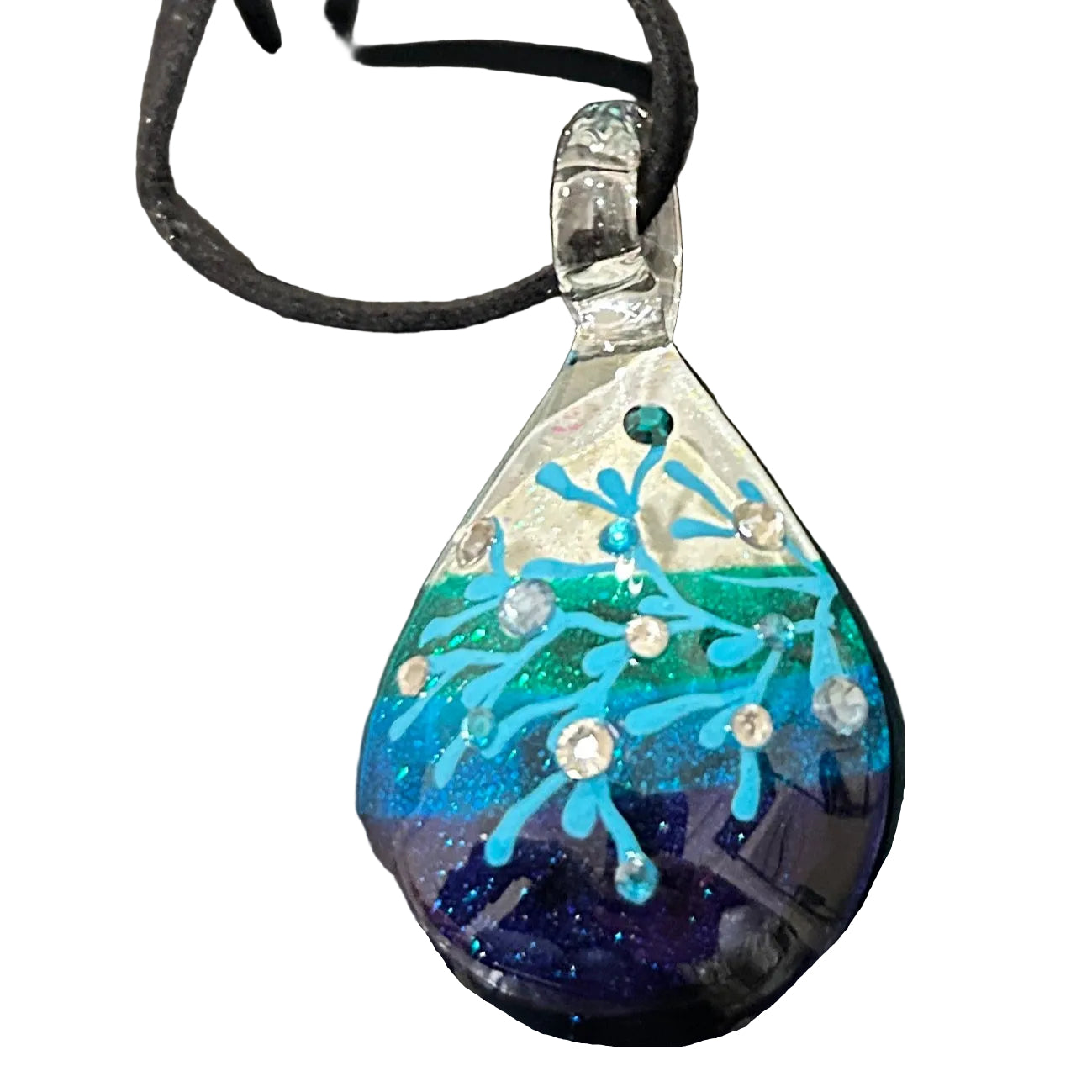 Handmade dichroic glass ocean coral pendant teal blue purple gradient hand-painted turquoise coral rhinestone crystals suede cord artisan Thailand