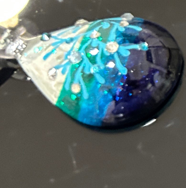 Handmade dichroic glass ocean coral pendant teal blue purple gradient hand-painted turquoise coral rhinestone crystals suede cord artisan Thailand