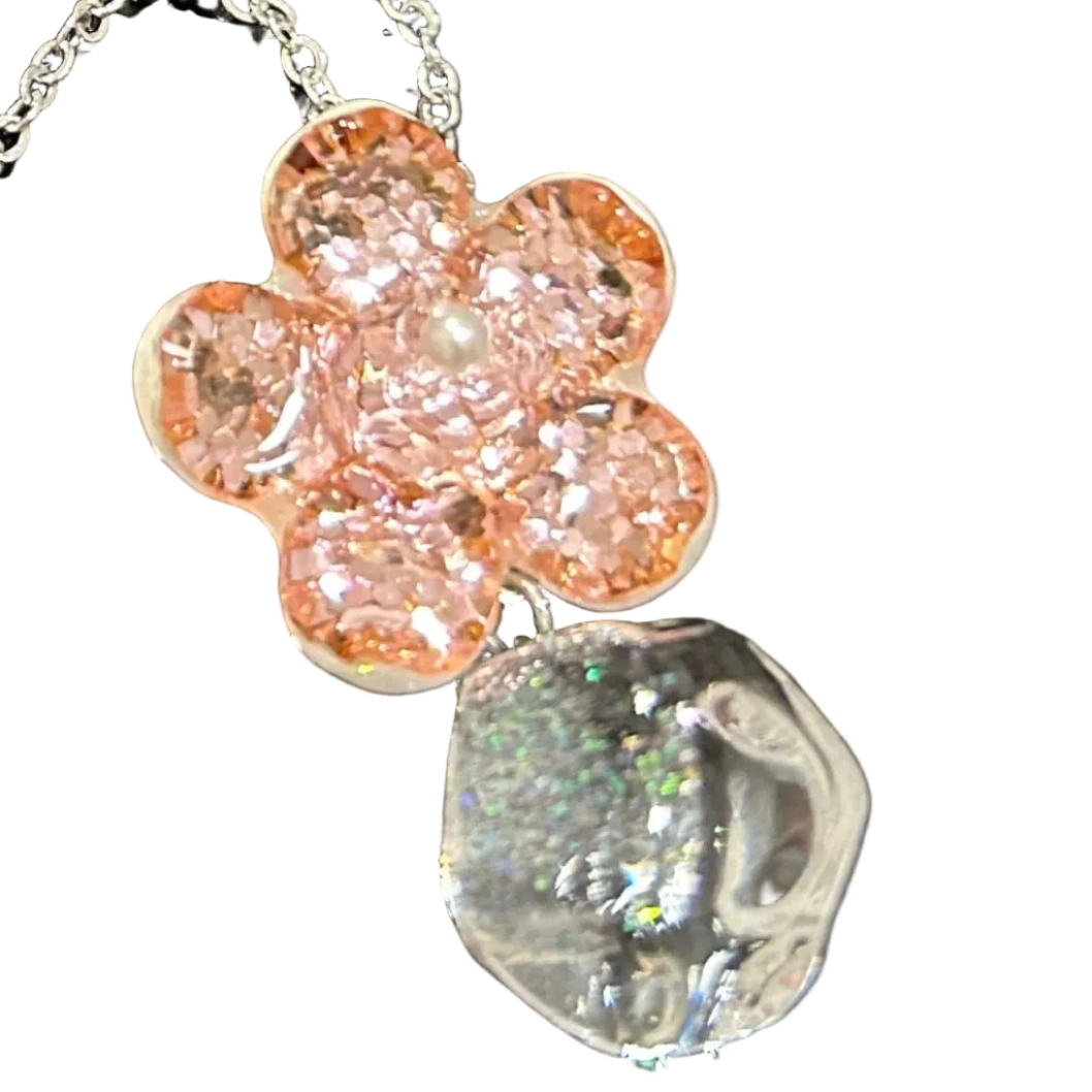 Handmade pink flower dichroic glass pendant with crystal ball drop. 1 inch flower, 1.5 inch total. Pearl center. 21" sterling silver chain included. Ships from Oregon.