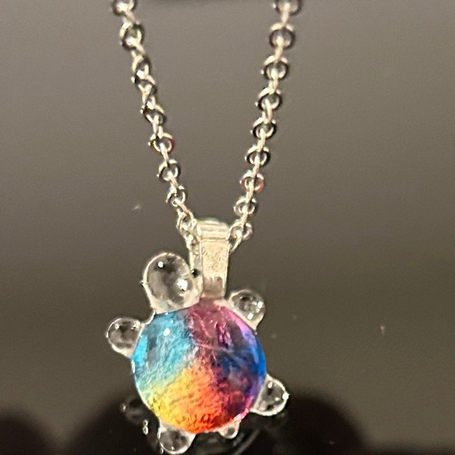 Rainbow Dichroic Glass Turtle Pendant 1 Inch Handcrafted Mars Glass Artisan Collection Premium Wildlife Jewelry Ocean Symbolism